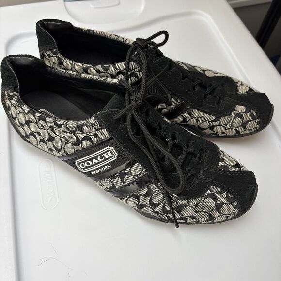 Coach Womens 8.5M REMONNA Shoes Black White CC Logo Print Lace Up Sneakers - Picture 2 of 9